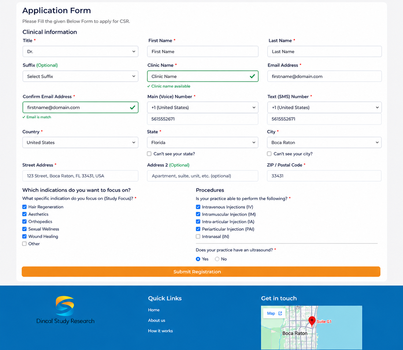 Clinic Registration Form fields