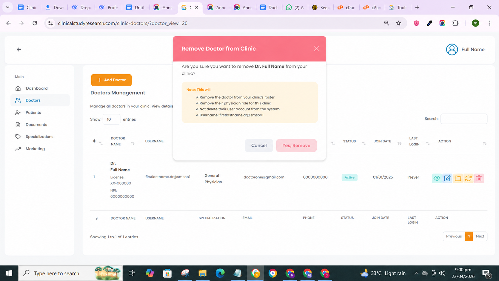 Remove doctor confirmation dialog