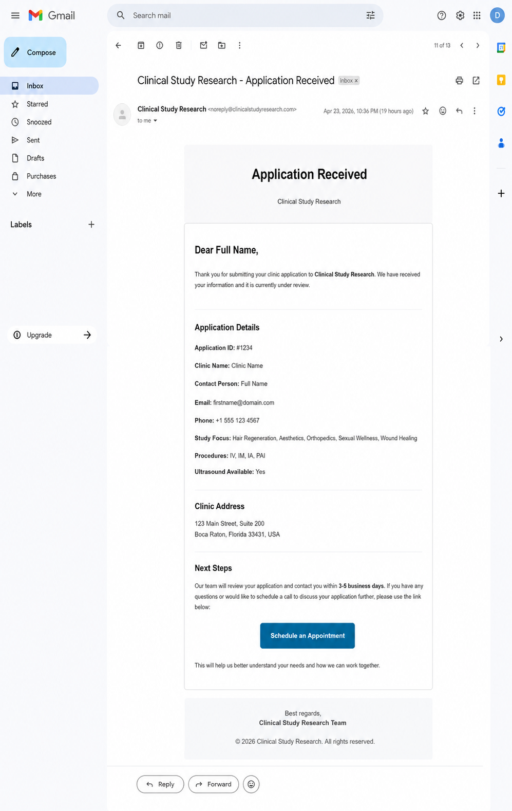 Application confirmation email screenshot