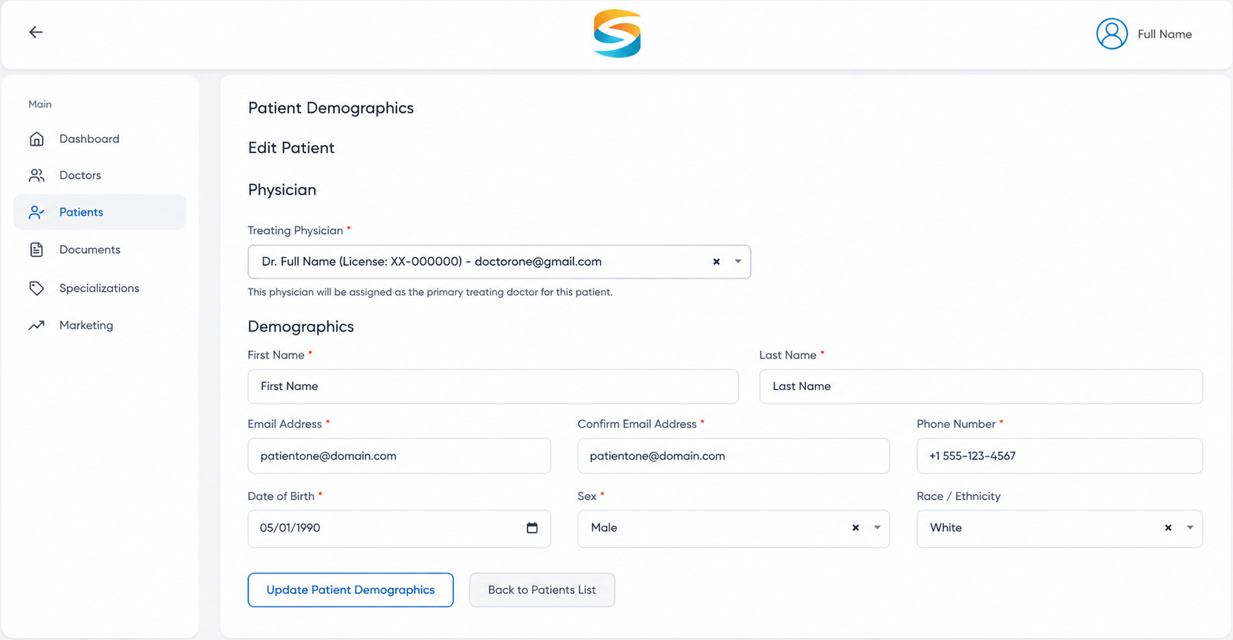 Edit Patient Demographics form