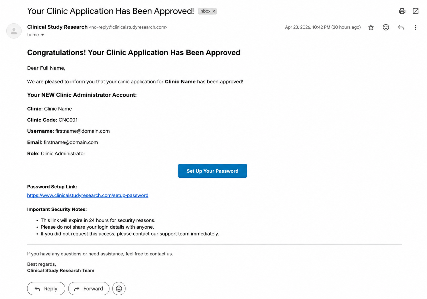 Approval email with credentials screenshot