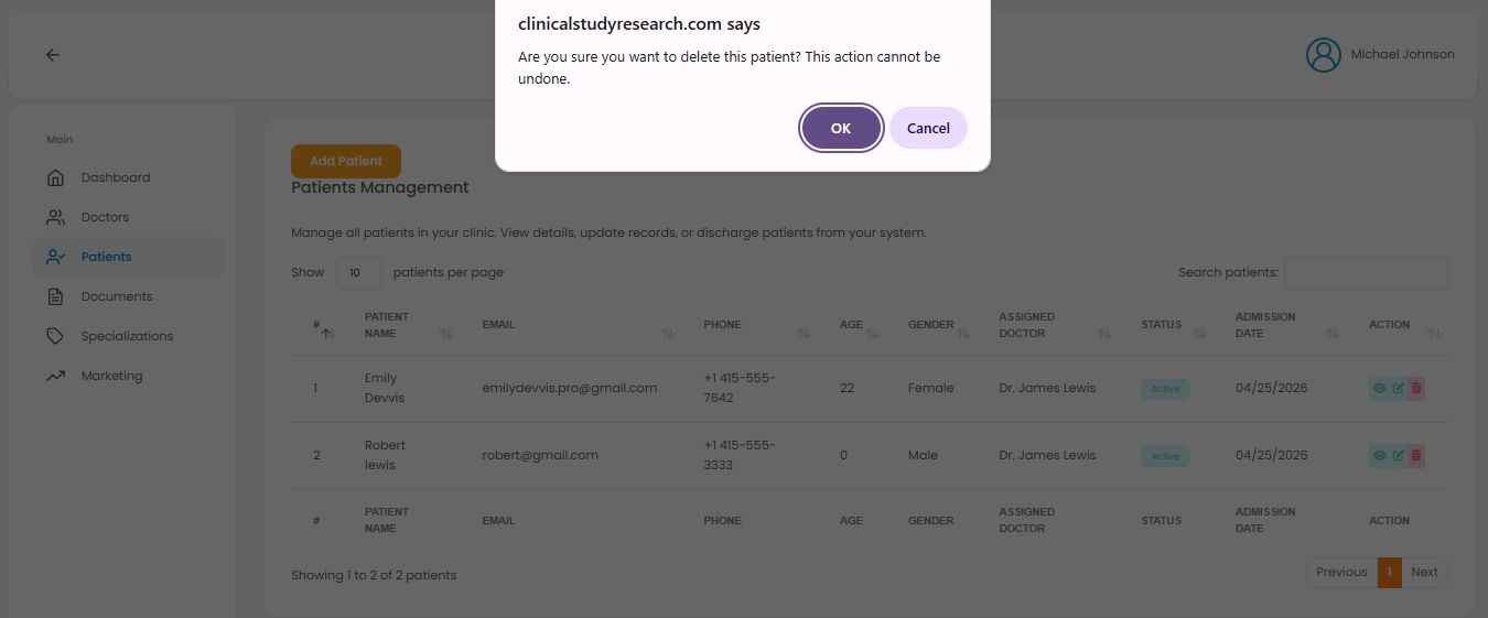 Delete patient confirmation modal