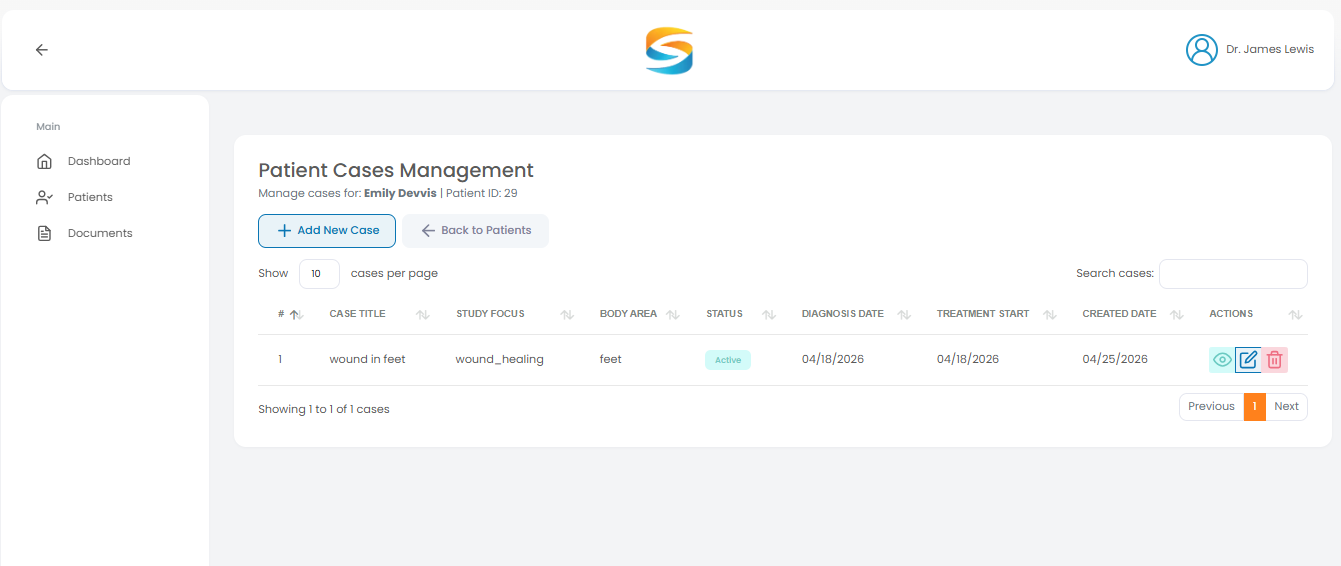 Patient cases page with Add New Case button