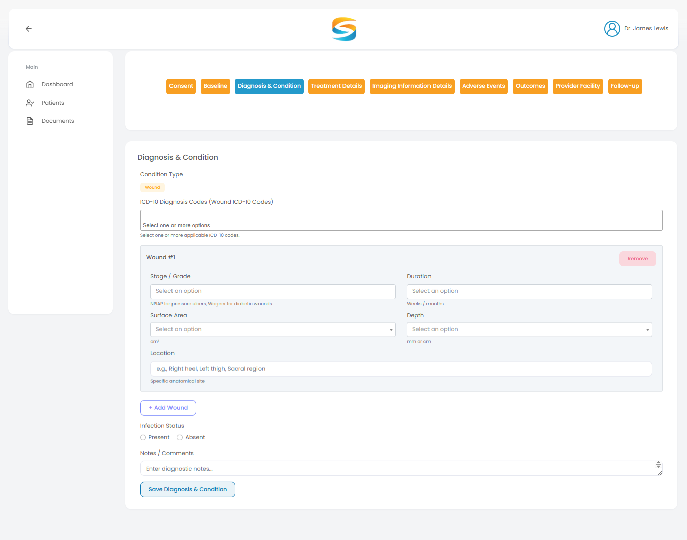 Diagnosis & Condition form with fields
