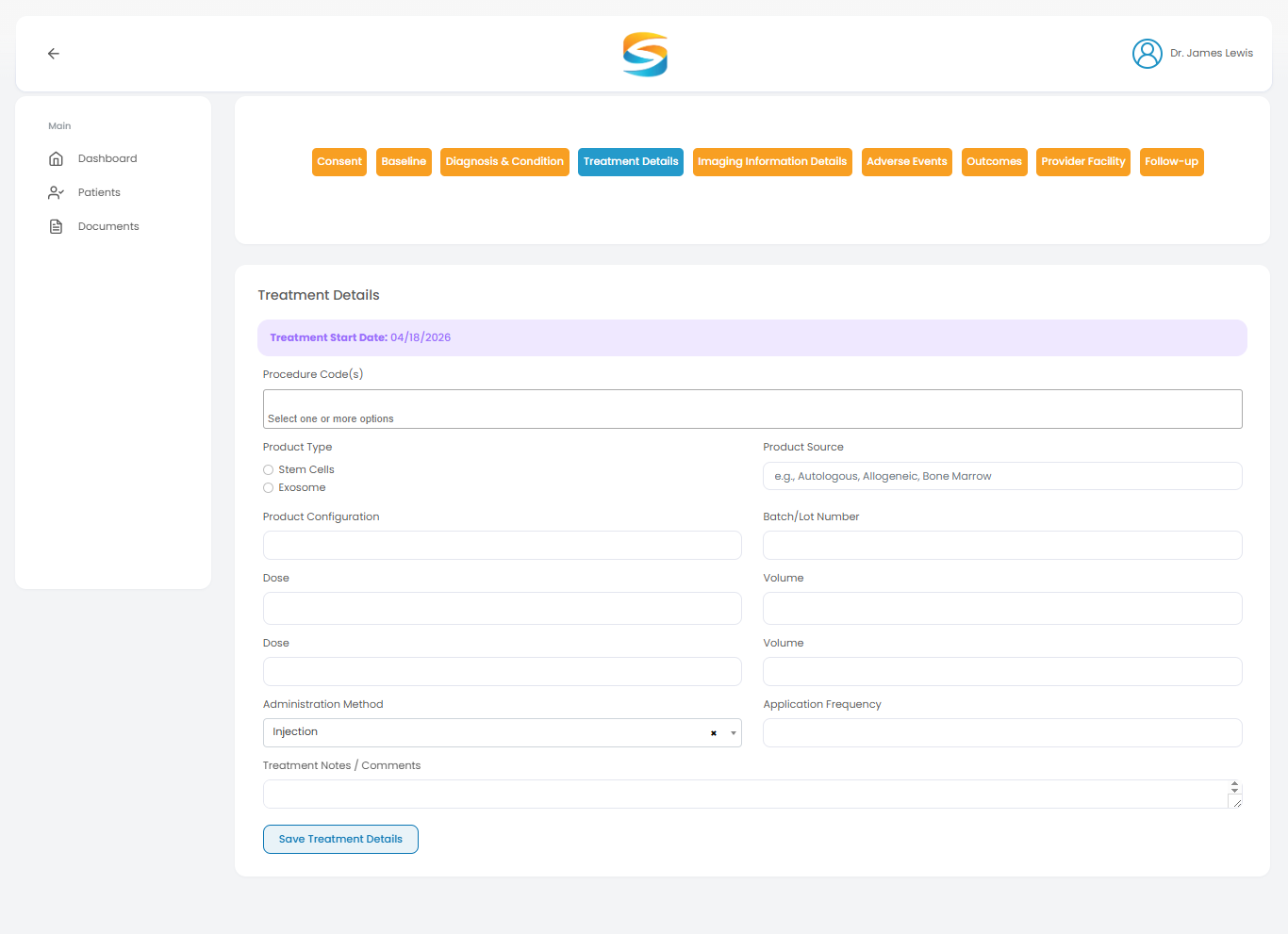 Treatment Details form with all fields
