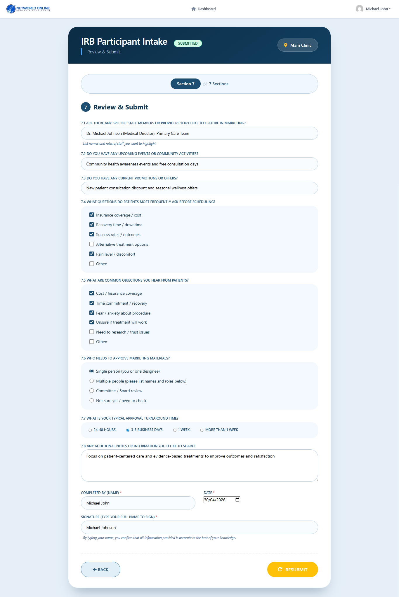 Edit and Resubmit Navigate through sections to update
