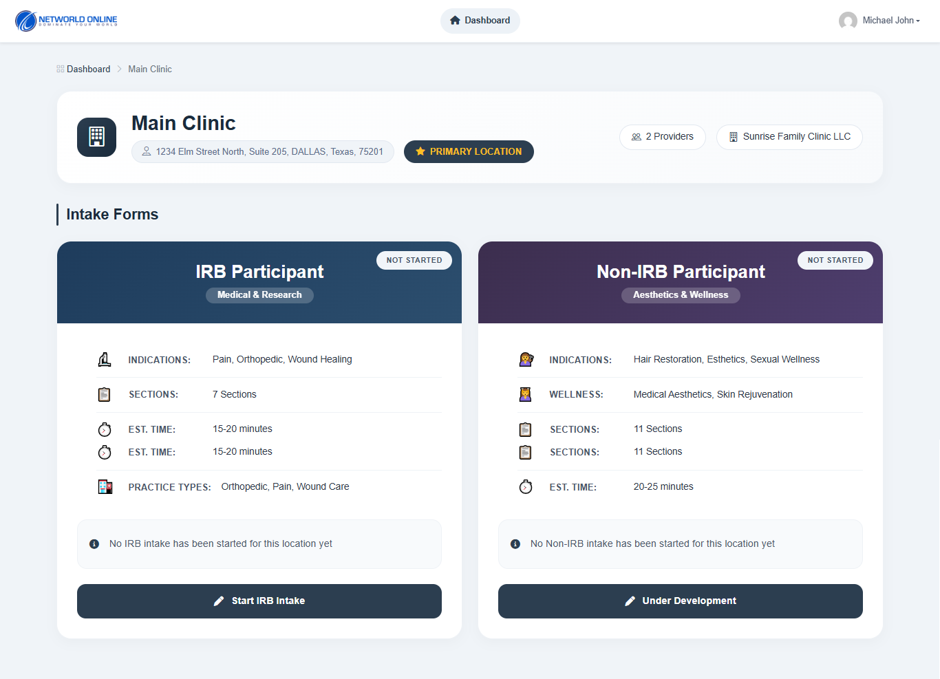 Select IRB Participant and click Start Intake