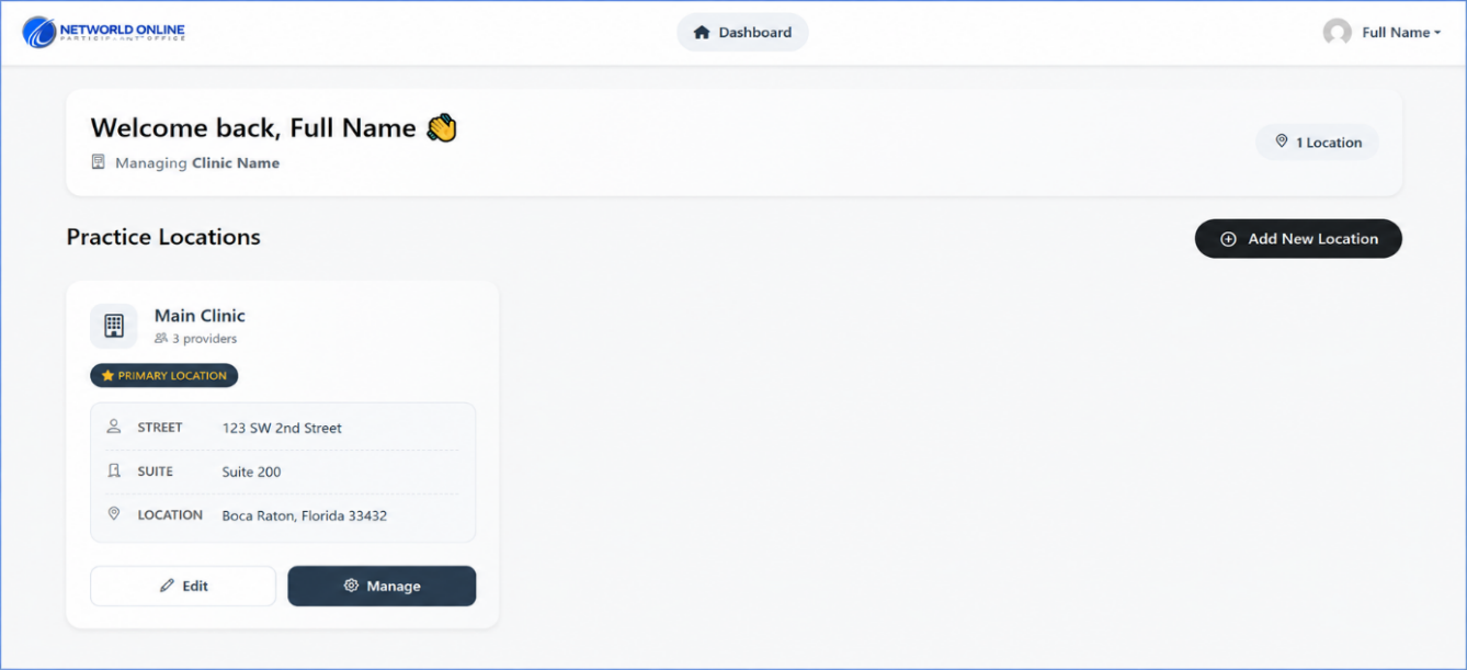 Dashboard Manage Button on Location Card