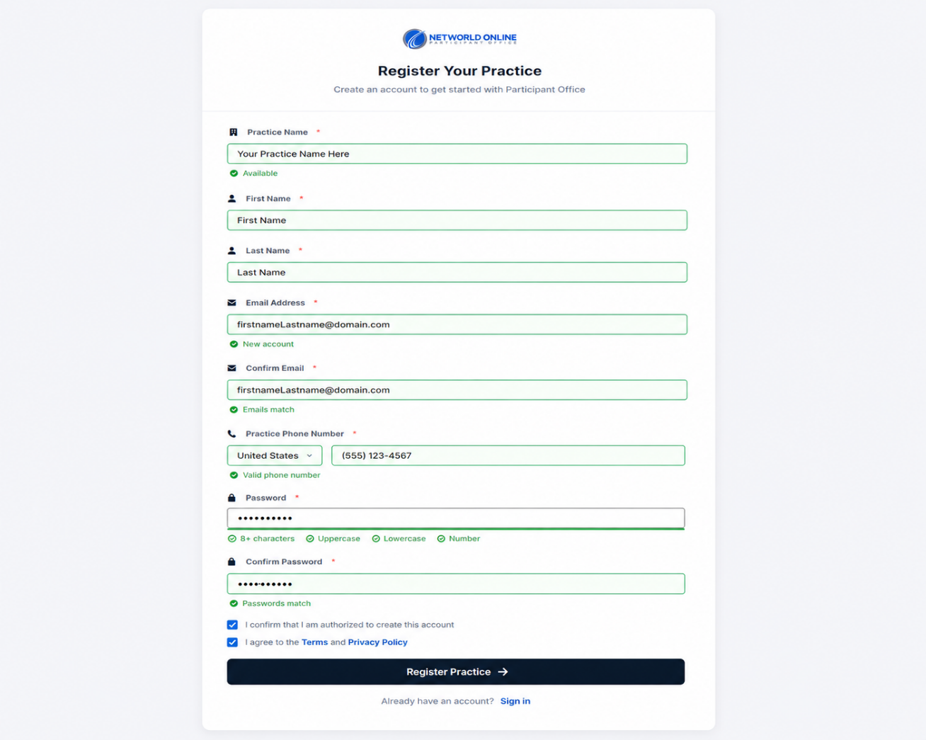 Registration Fields with all required fields marked