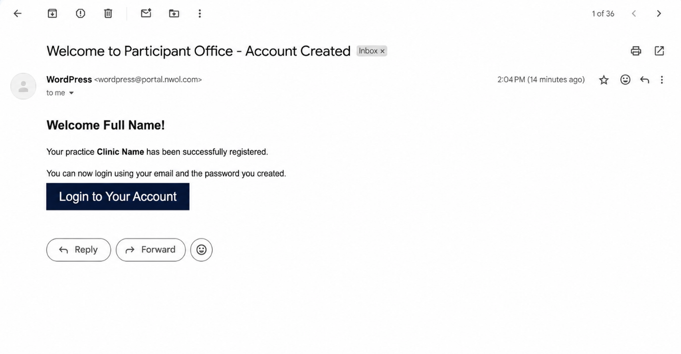 Welcome email with account details